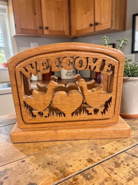 Vintage 1975 Solid Wood Die Cut Goose Welcome Napkin Recipe Mail Book Holder - Picture 4 of 13